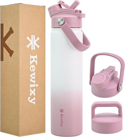 KEWIXY 32 oz Insulated Water Bottle with Straw, Bow Water Bottle Stainless Steel with Flip Straw and Handle, Leak Proof, Metal, Reusable, Wide Mouth, for Travel, Gym and School (Breeze Blue Bow)
