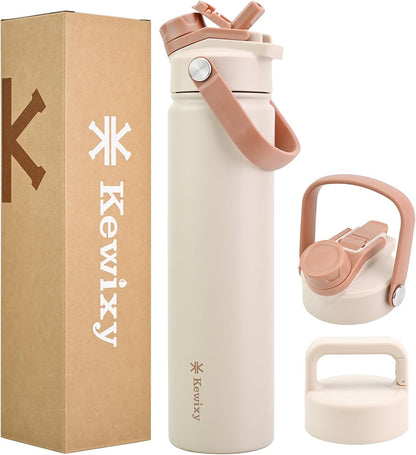 KEWIXY 32 oz Insulated Water Bottle with Straw, Bow Water Bottle Stainless Steel with Flip Straw and Handle, Leak Proof, Metal, Reusable, Wide Mouth, for Travel, Gym and School (Breeze Blue Bow)