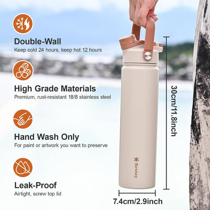 KEWIXY 32 oz Insulated Water Bottle with Straw, Bow Water Bottle Stainless Steel with Flip Straw and Handle, Leak Proof, Metal, Reusable, Wide Mouth, for Travel, Gym and School (Breeze Blue Bow)