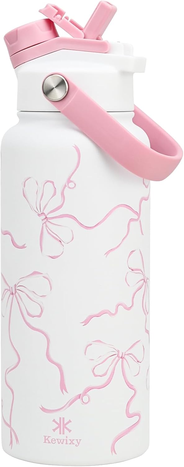 KEWIXY 32 oz Insulated Water Bottle with Straw, Bow Water Bottle Stainless Steel with Flip Straw and Handle, Leak Proof, Metal, Reusable, Wide Mouth, for Travel, Gym and School (Breeze Blue Bow)