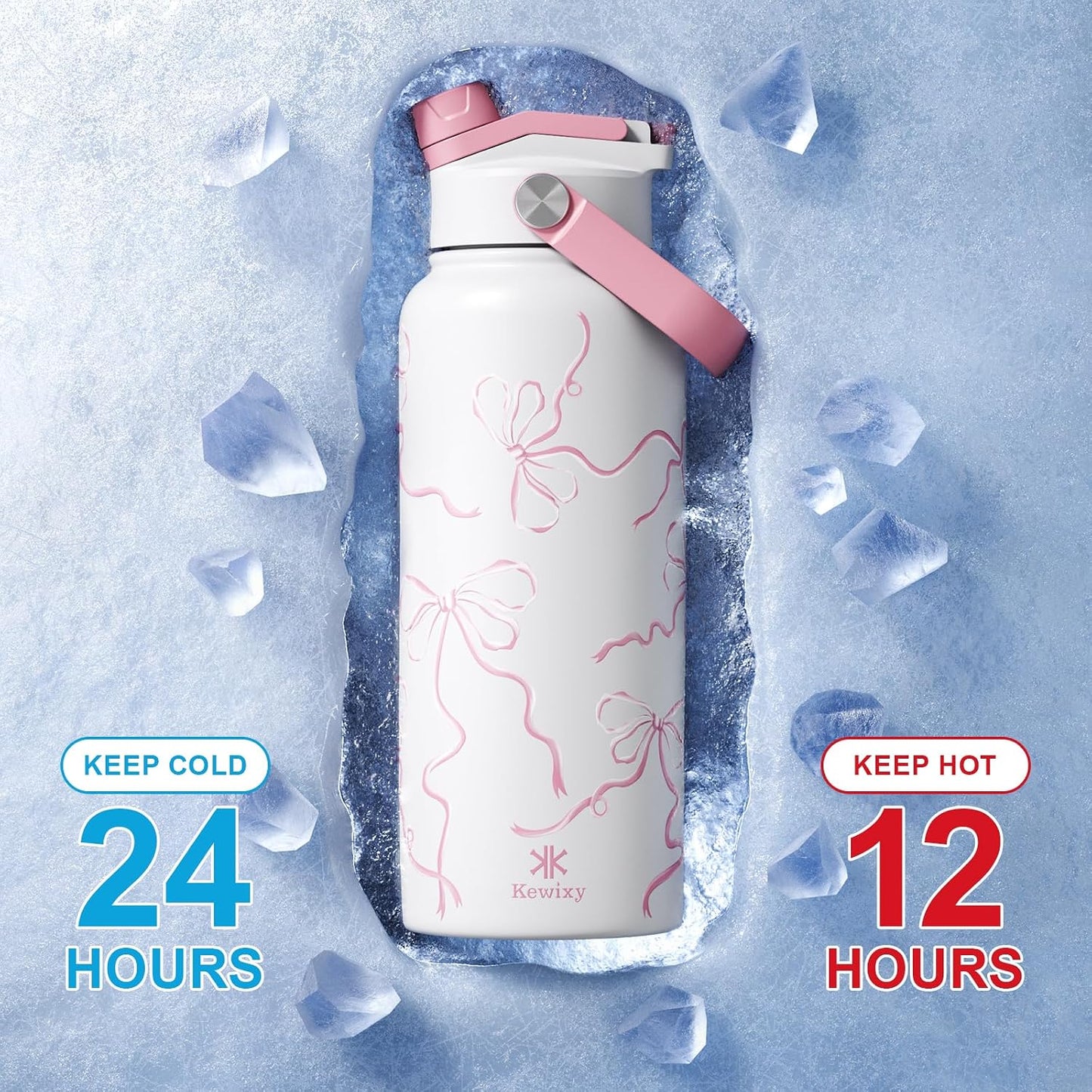 KEWIXY 32 oz Insulated Water Bottle with Straw, Bow Water Bottle Stainless Steel with Flip Straw and Handle, Leak Proof, Metal, Reusable, Wide Mouth, for Travel, Gym and School (Breeze Blue Bow)