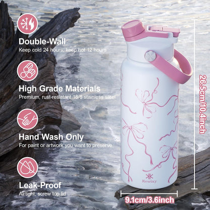 KEWIXY 32 oz Insulated Water Bottle with Straw, Bow Water Bottle Stainless Steel with Flip Straw and Handle, Leak Proof, Metal, Reusable, Wide Mouth, for Travel, Gym and School (Breeze Blue Bow)