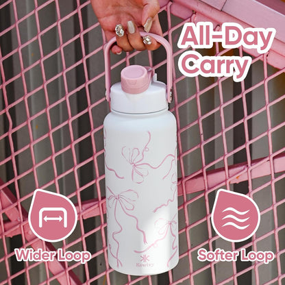 KEWIXY 32 oz Insulated Water Bottle with Straw, Bow Water Bottle Stainless Steel with Flip Straw and Handle, Leak Proof, Metal, Reusable, Wide Mouth, for Travel, Gym and School (Breeze Blue Bow)