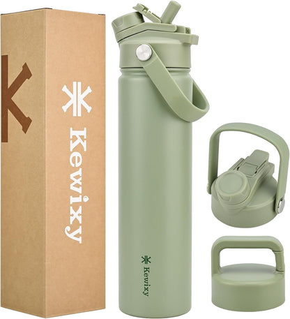 KEWIXY 32 oz Insulated Water Bottle with Straw, Bow Water Bottle Stainless Steel with Flip Straw and Handle, Leak Proof, Metal, Reusable, Wide Mouth, for Travel, Gym and School (Breeze Blue Bow)