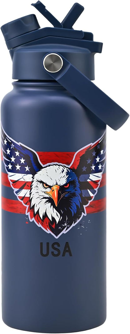 KEWIXY 32 oz Insulated Water Bottle with Straw, Bow Water Bottle Stainless Steel with Flip Straw and Handle, Leak Proof, Metal, Reusable, Wide Mouth, for Travel, Gym and School (Breeze Blue Bow)