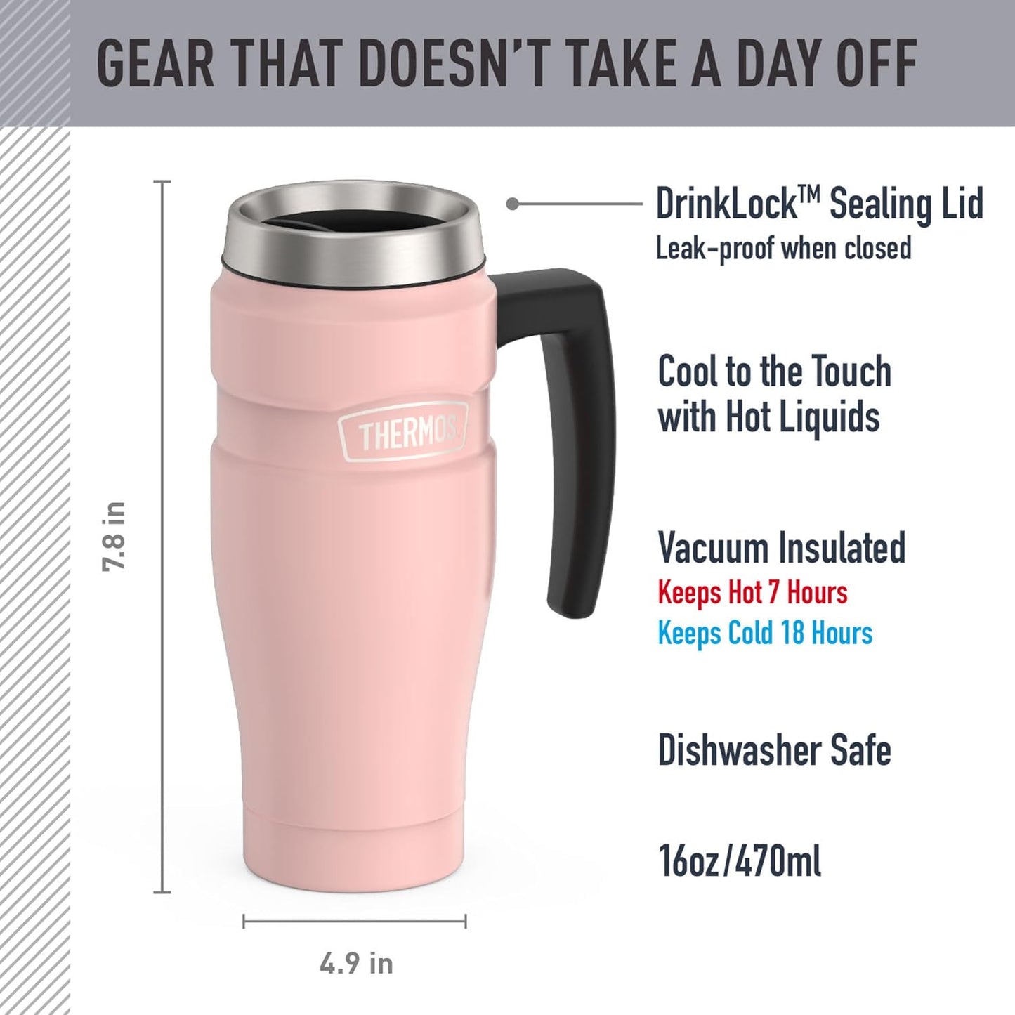 Stainless King Travel Mug with Handle, 16oz, Matte Steel | Vacuum-Insulated Travel Mug with Handle for Hot & Cold Drinks, Stainless Steel Coffee Mug with Lid for Commuting