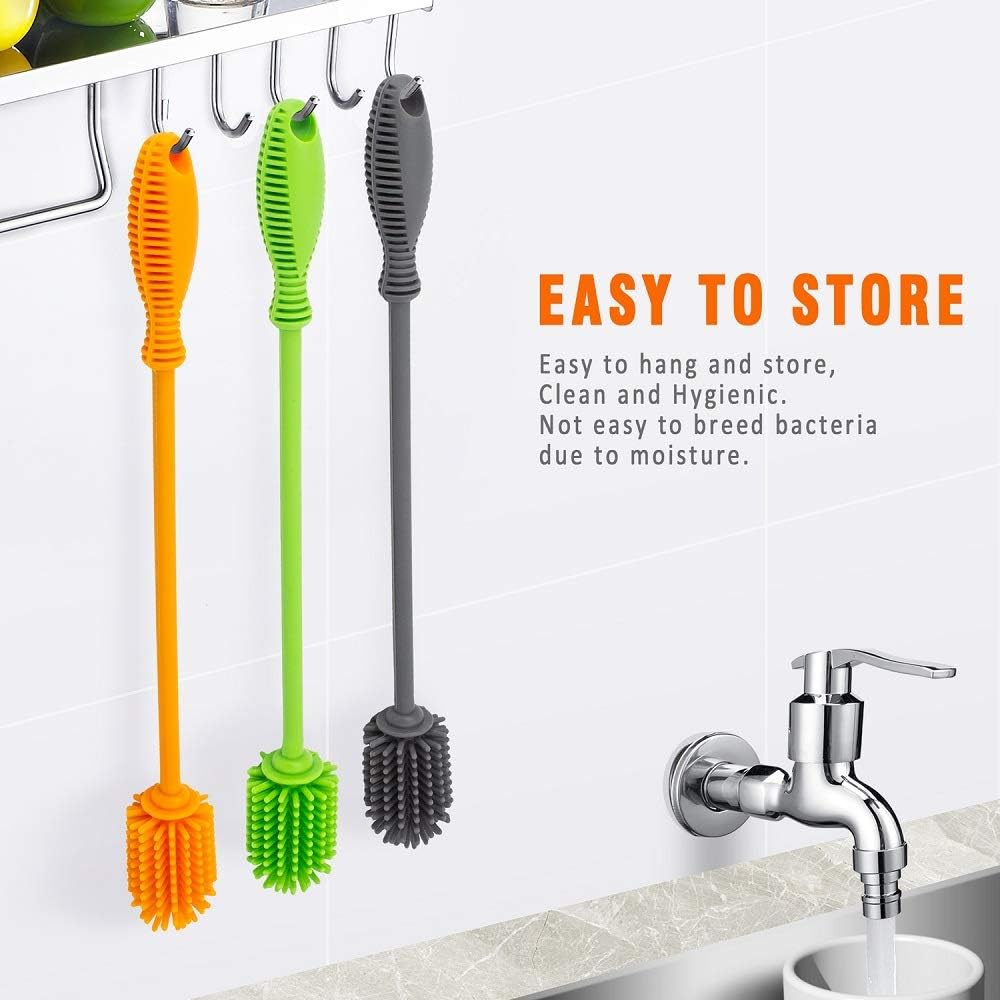 Silicone Bottle Brush with Long Handle, 12.5" Bottle Cleaning Brush, Gray