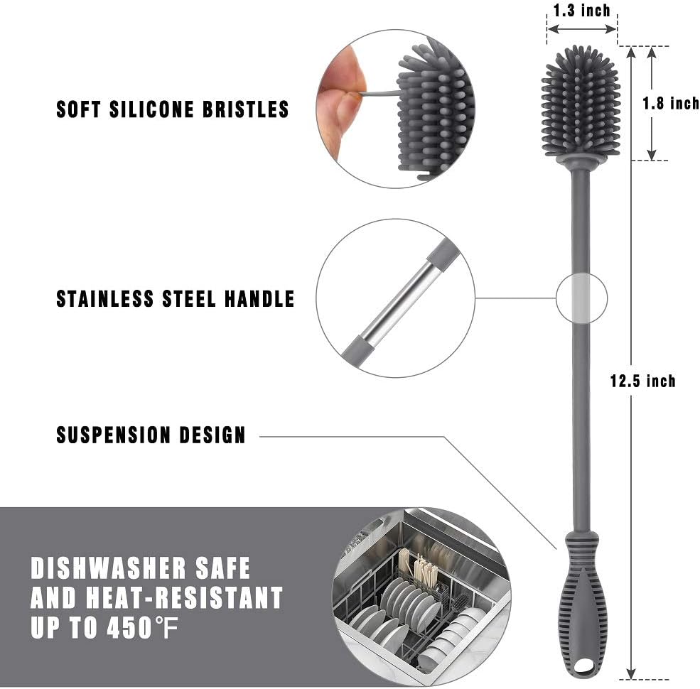 Silicone Bottle Brush with Long Handle, 12.5" Bottle Cleaning Brush, Gray