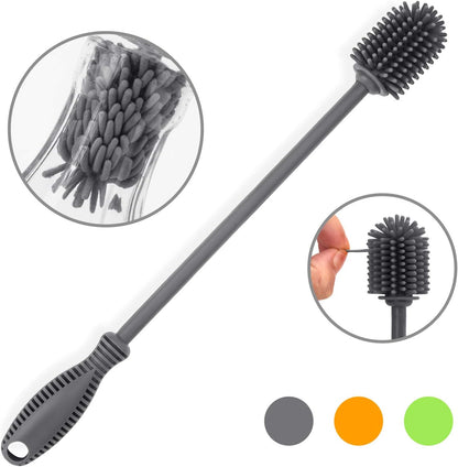 Silicone Bottle Brush with Long Handle, 12.5" Bottle Cleaning Brush, Gray