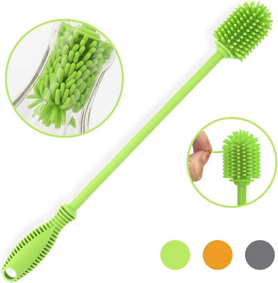 Silicone Bottle Brush with Long Handle, 12.5" Bottle Cleaning Brush, Gray