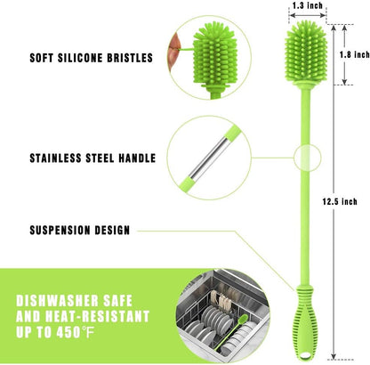 Silicone Bottle Brush with Long Handle, 12.5" Bottle Cleaning Brush, Gray