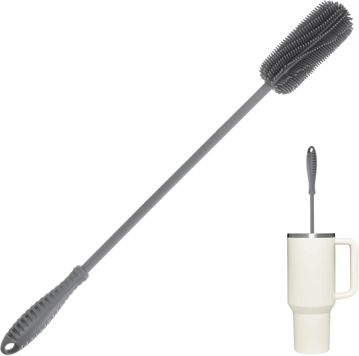 Silicone Bottle Brush with Long Handle, 12.5" Bottle Cleaning Brush, Gray
