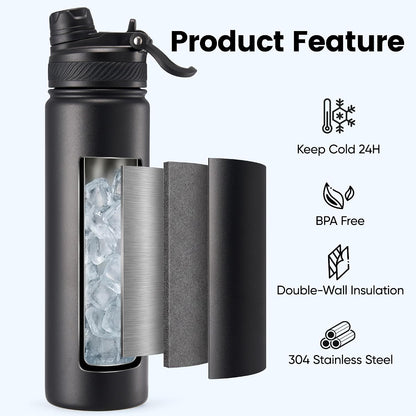 18 oz Insulated Water Bottle, 2-in-1 Straw and Spout Lid Stainless Steel Thermos, Leak-Proof, Double Wall Vacuum Flask, Keep Cold 24H for Outdoor, Sports, Travel, School (Black)
