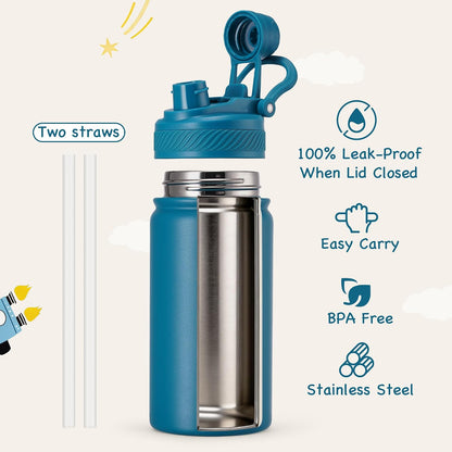18 oz Insulated Water Bottle, 2-in-1 Straw and Spout Lid Stainless Steel Thermos, Leak-Proof, Double Wall Vacuum Flask, Keep Cold 24H for Outdoor, Sports, Travel, School (Black)
