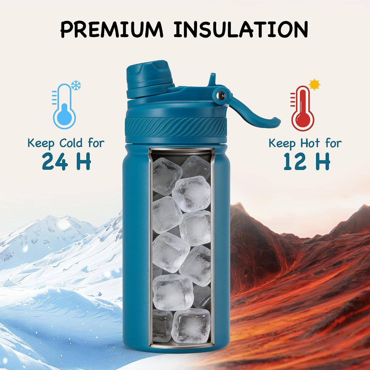 18 oz Insulated Water Bottle, 2-in-1 Straw and Spout Lid Stainless Steel Thermos, Leak-Proof, Double Wall Vacuum Flask, Keep Cold 24H for Outdoor, Sports, Travel, School (Black)