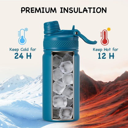 18 oz Insulated Water Bottle, 2-in-1 Straw and Spout Lid Stainless Steel Thermos, Leak-Proof, Double Wall Vacuum Flask, Keep Cold 24H for Outdoor, Sports, Travel, School (Black)