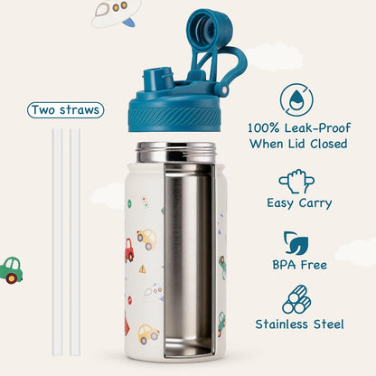 18 oz Insulated Water Bottle, 2-in-1 Straw and Spout Lid Stainless Steel Thermos, Leak-Proof, Double Wall Vacuum Flask, Keep Cold 24H for Outdoor, Sports, Travel, School (Black)