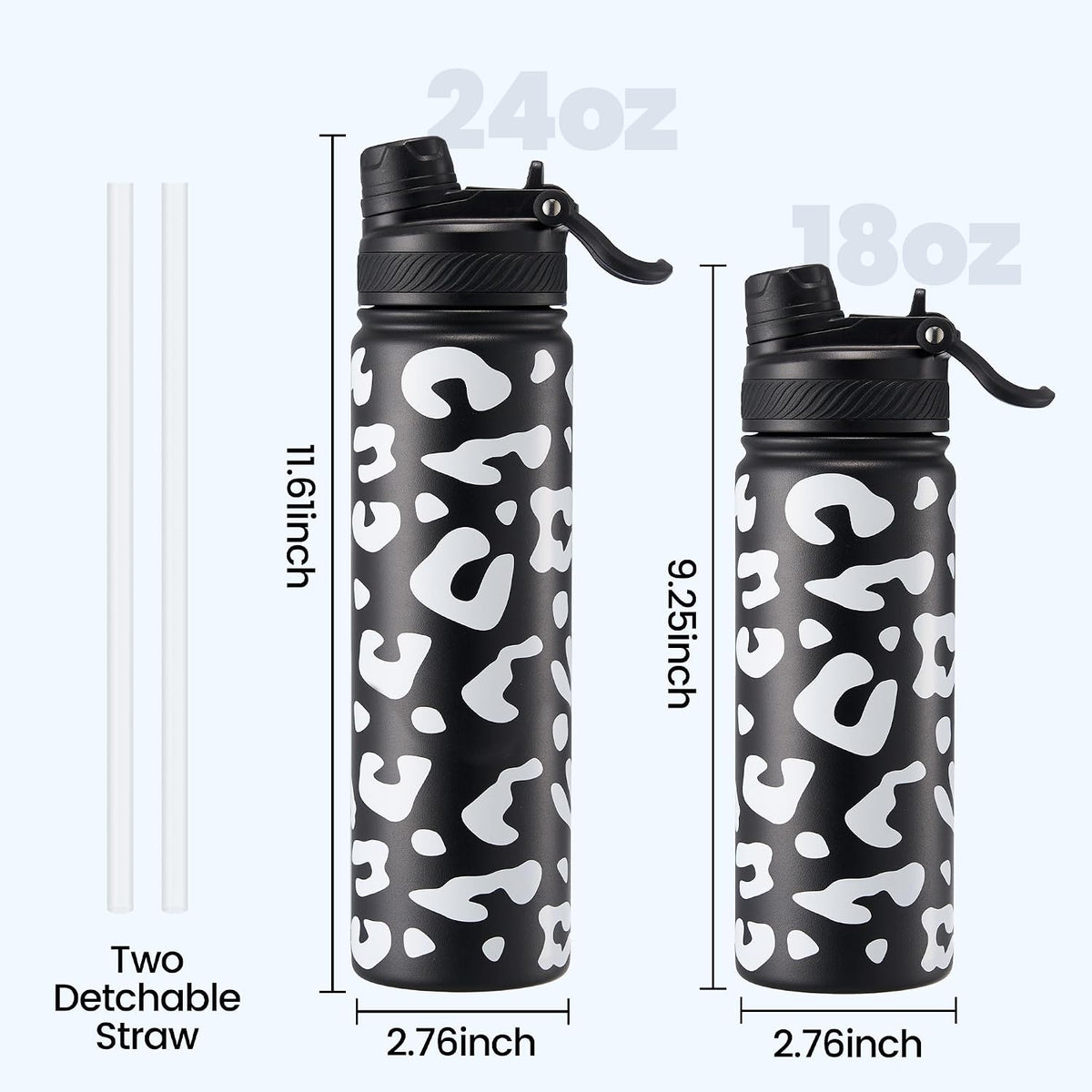 18 oz Insulated Water Bottle, 2-in-1 Straw and Spout Lid Stainless Steel Thermos, Leak-Proof, Double Wall Vacuum Flask, Keep Cold 24H for Outdoor, Sports, Travel, School (Black)