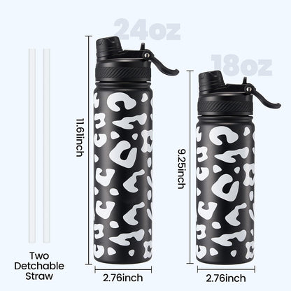 18 oz Insulated Water Bottle, 2-in-1 Straw and Spout Lid Stainless Steel Thermos, Leak-Proof, Double Wall Vacuum Flask, Keep Cold 24H for Outdoor, Sports, Travel, School (Black)