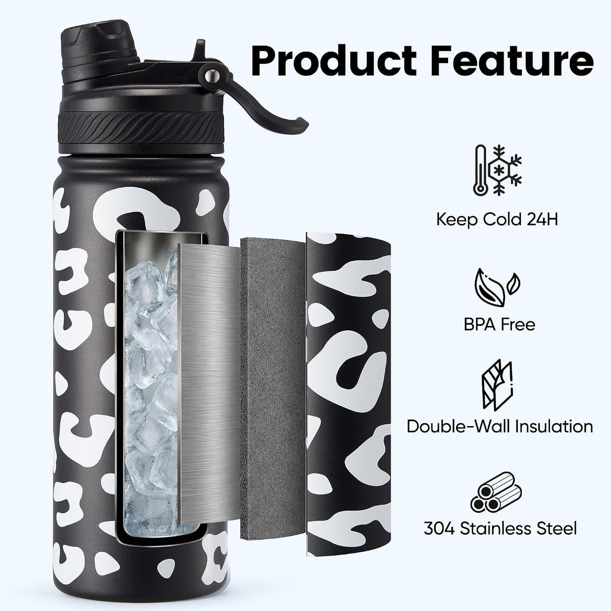 18 oz Insulated Water Bottle, 2-in-1 Straw and Spout Lid Stainless Steel Thermos, Leak-Proof, Double Wall Vacuum Flask, Keep Cold 24H for Outdoor, Sports, Travel, School (Black)
