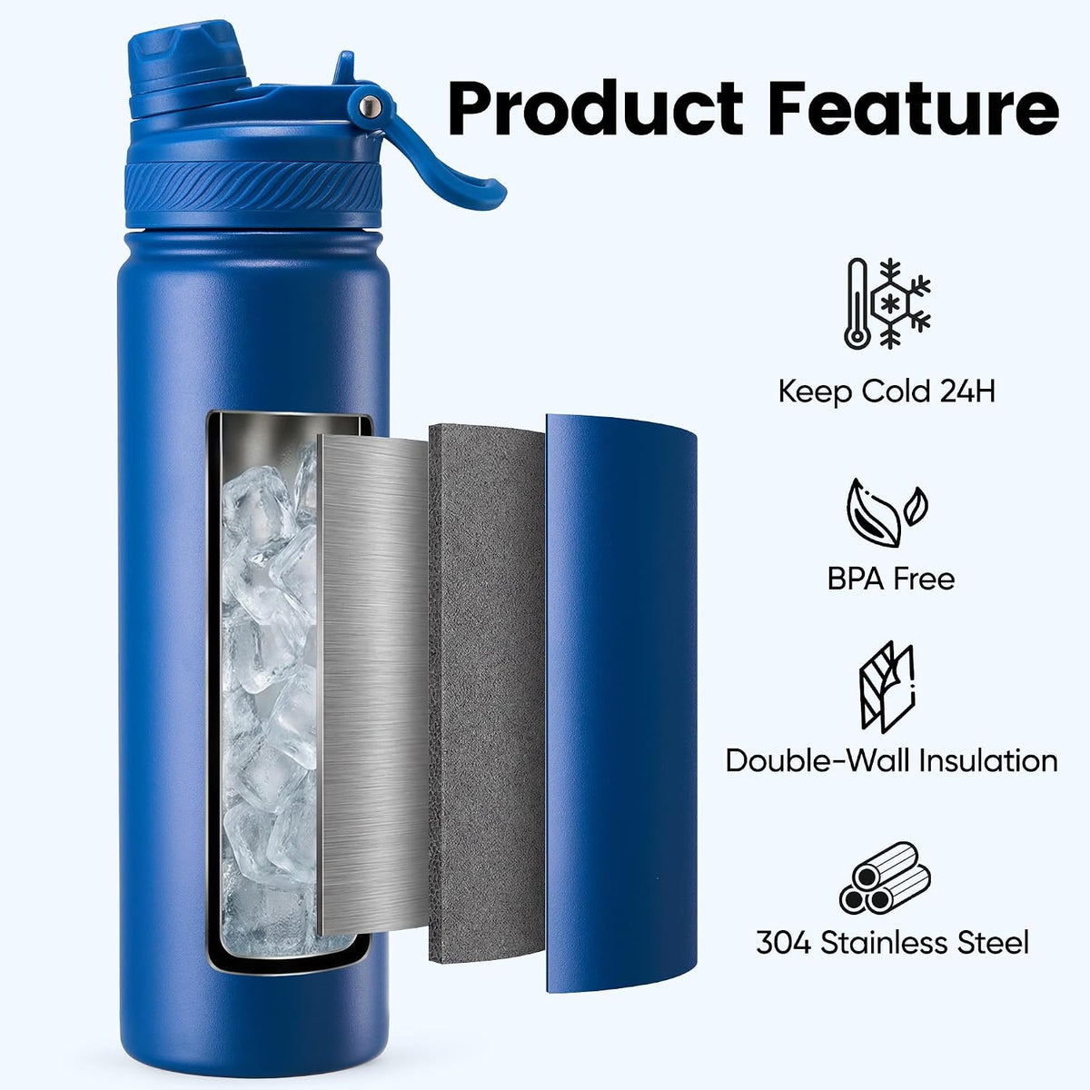 18 oz Insulated Water Bottle, 2-in-1 Straw and Spout Lid Stainless Steel Thermos, Leak-Proof, Double Wall Vacuum Flask, Keep Cold 24H for Outdoor, Sports, Travel, School (Black)