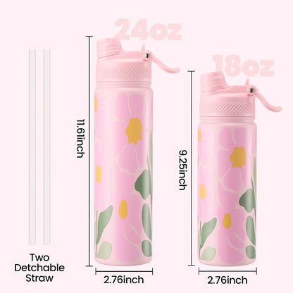 18 oz Insulated Water Bottle, 2-in-1 Straw and Spout Lid Stainless Steel Thermos, Leak-Proof, Double Wall Vacuum Flask, Keep Cold 24H for Outdoor, Sports, Travel, School (Black)
