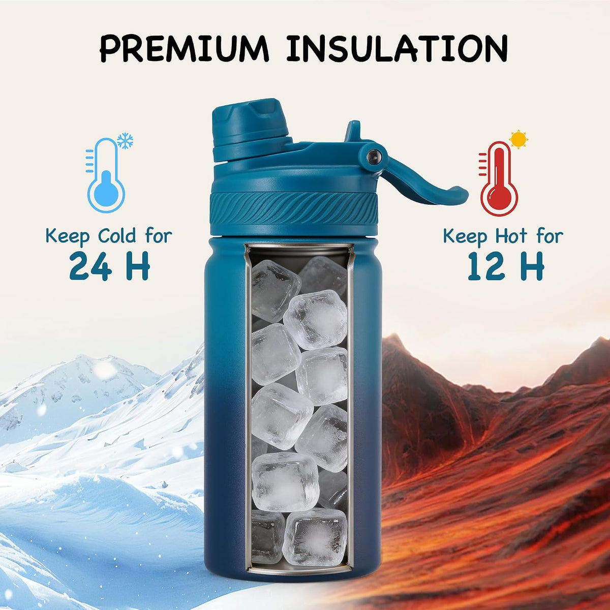 18 oz Insulated Water Bottle, 2-in-1 Straw and Spout Lid Stainless Steel Thermos, Leak-Proof, Double Wall Vacuum Flask, Keep Cold 24H for Outdoor, Sports, Travel, School (Black)