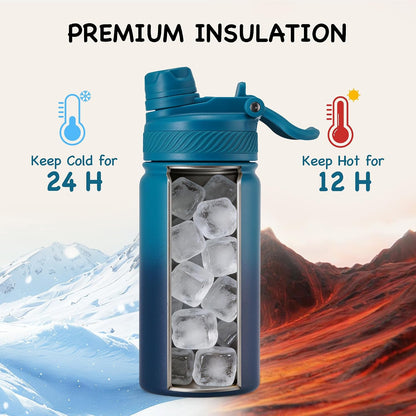 18 oz Insulated Water Bottle, 2-in-1 Straw and Spout Lid Stainless Steel Thermos, Leak-Proof, Double Wall Vacuum Flask, Keep Cold 24H for Outdoor, Sports, Travel, School (Black)