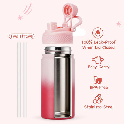 18 oz Insulated Water Bottle, 2-in-1 Straw and Spout Lid Stainless Steel Thermos, Leak-Proof, Double Wall Vacuum Flask, Keep Cold 24H for Outdoor, Sports, Travel, School (Black)