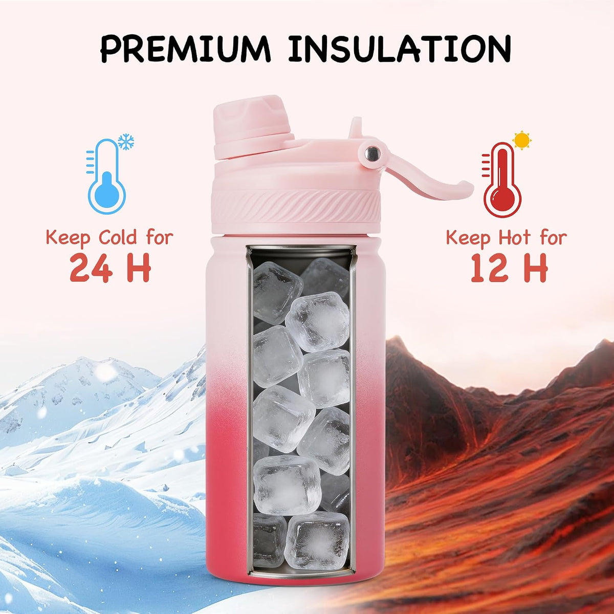 18 oz Insulated Water Bottle, 2-in-1 Straw and Spout Lid Stainless Steel Thermos, Leak-Proof, Double Wall Vacuum Flask, Keep Cold 24H for Outdoor, Sports, Travel, School (Black)