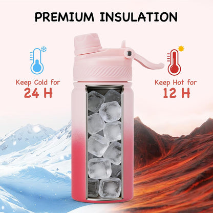 18 oz Insulated Water Bottle, 2-in-1 Straw and Spout Lid Stainless Steel Thermos, Leak-Proof, Double Wall Vacuum Flask, Keep Cold 24H for Outdoor, Sports, Travel, School (Black)