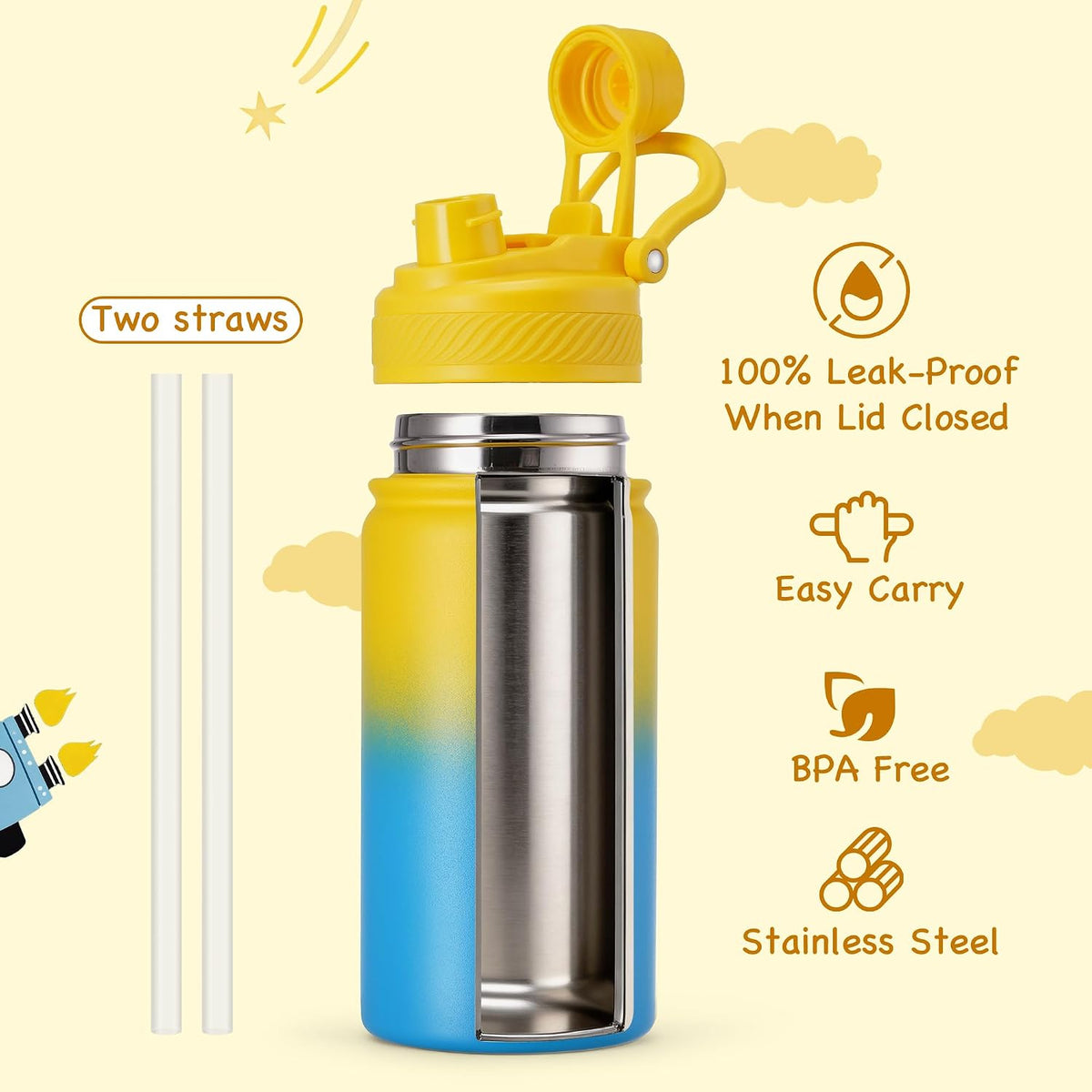 18 oz Insulated Water Bottle, 2-in-1 Straw and Spout Lid Stainless Steel Thermos, Leak-Proof, Double Wall Vacuum Flask, Keep Cold 24H for Outdoor, Sports, Travel, School (Black)