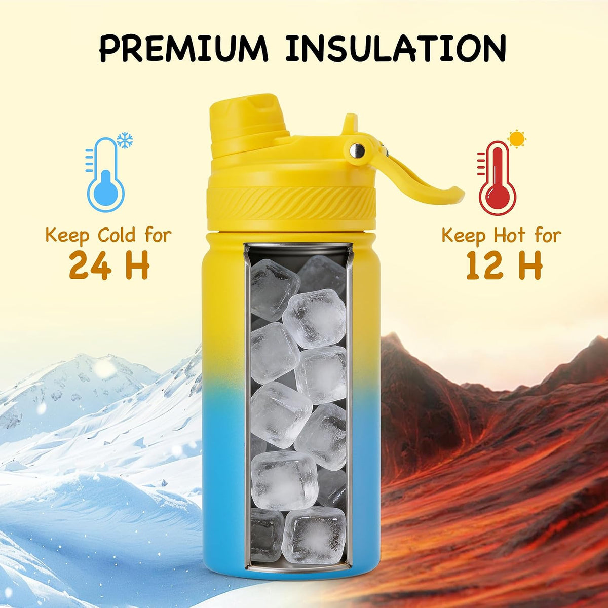 18 oz Insulated Water Bottle, 2-in-1 Straw and Spout Lid Stainless Steel Thermos, Leak-Proof, Double Wall Vacuum Flask, Keep Cold 24H for Outdoor, Sports, Travel, School (Black)