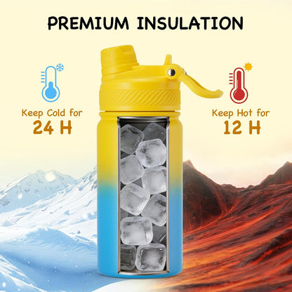 18 oz Insulated Water Bottle, 2-in-1 Straw and Spout Lid Stainless Steel Thermos, Leak-Proof, Double Wall Vacuum Flask, Keep Cold 24H for Outdoor, Sports, Travel, School (Black)