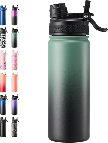18 oz Insulated Water Bottle, 2-in-1 Straw and Spout Lid Stainless Steel Thermos, Leak-Proof, Double Wall Vacuum Flask, Keep Cold 24H for Outdoor, Sports, Travel, School (Black)