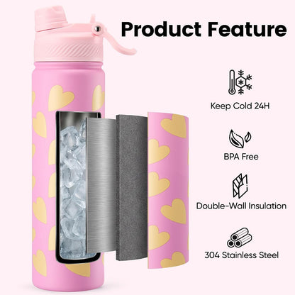 18 oz Insulated Water Bottle, 2-in-1 Straw and Spout Lid Stainless Steel Thermos, Leak-Proof, Double Wall Vacuum Flask, Keep Cold 24H for Outdoor, Sports, Travel, School (Black)