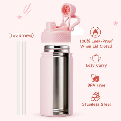 18 oz Insulated Water Bottle, 2-in-1 Straw and Spout Lid Stainless Steel Thermos, Leak-Proof, Double Wall Vacuum Flask, Keep Cold 24H for Outdoor, Sports, Travel, School (Black)