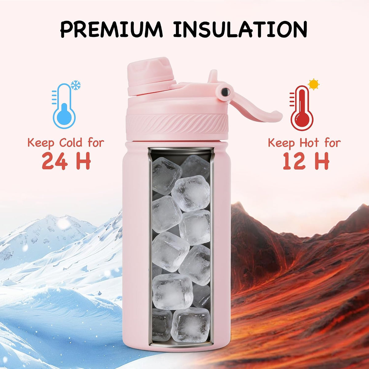 18 oz Insulated Water Bottle, 2-in-1 Straw and Spout Lid Stainless Steel Thermos, Leak-Proof, Double Wall Vacuum Flask, Keep Cold 24H for Outdoor, Sports, Travel, School (Black)