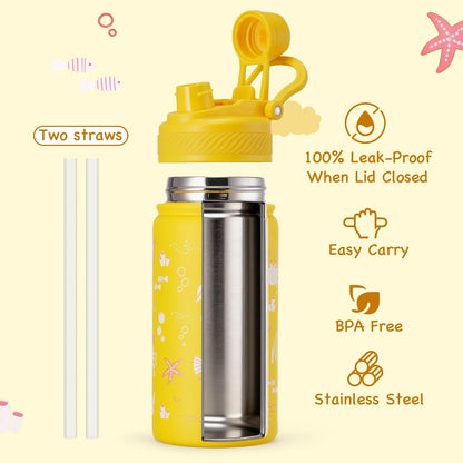 18 oz Insulated Water Bottle, 2-in-1 Straw and Spout Lid Stainless Steel Thermos, Leak-Proof, Double Wall Vacuum Flask, Keep Cold 24H for Outdoor, Sports, Travel, School (Black)