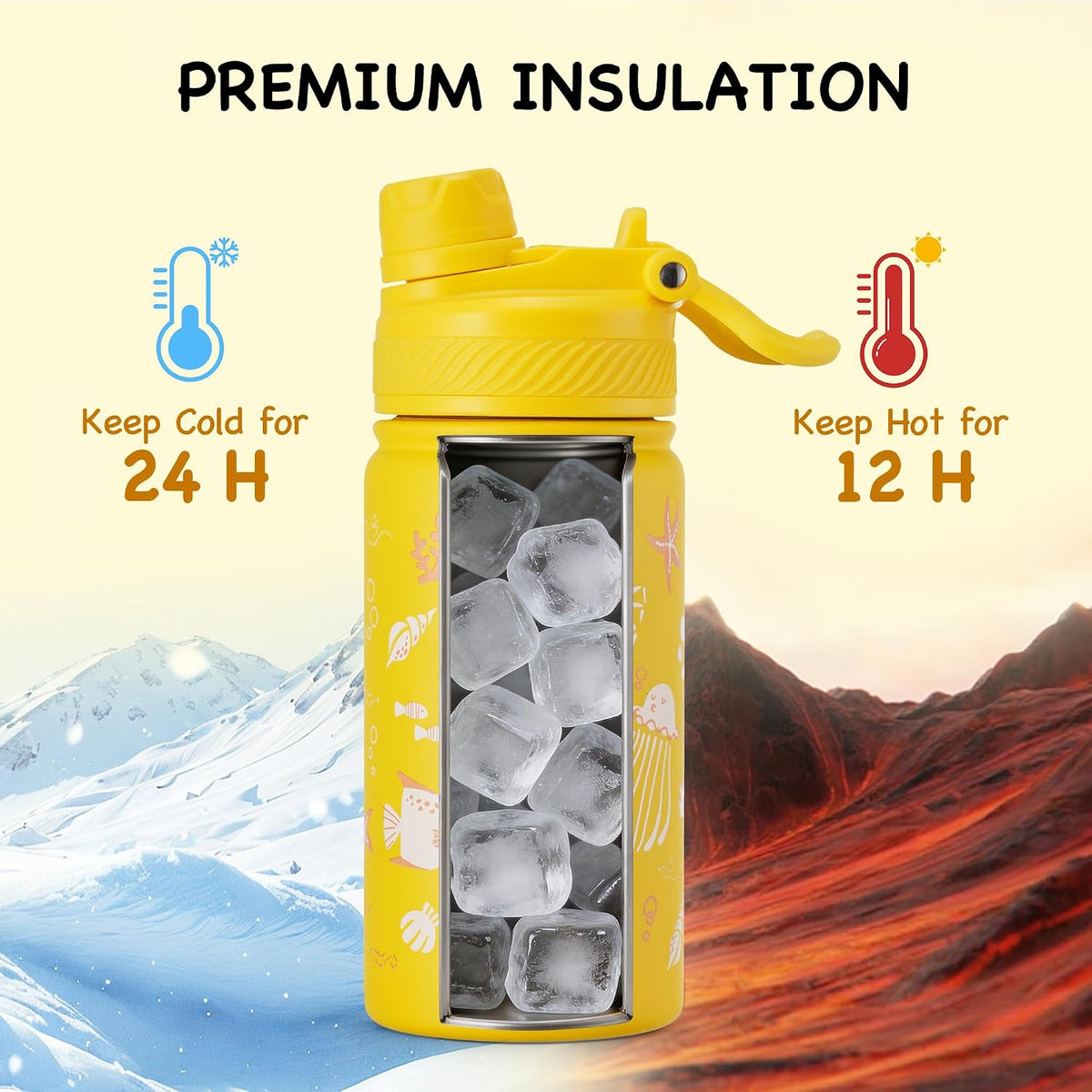 18 oz Insulated Water Bottle, 2-in-1 Straw and Spout Lid Stainless Steel Thermos, Leak-Proof, Double Wall Vacuum Flask, Keep Cold 24H for Outdoor, Sports, Travel, School (Black)