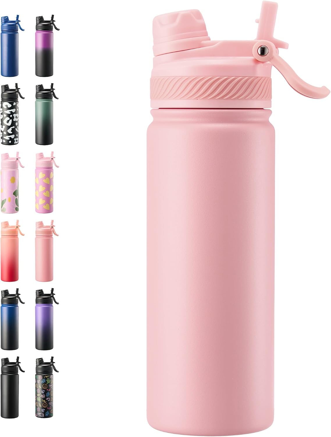 18 oz Insulated Water Bottle, 2-in-1 Straw and Spout Lid Stainless Steel Thermos, Leak-Proof, Double Wall Vacuum Flask, Keep Cold 24H for Outdoor, Sports, Travel, School (Black)