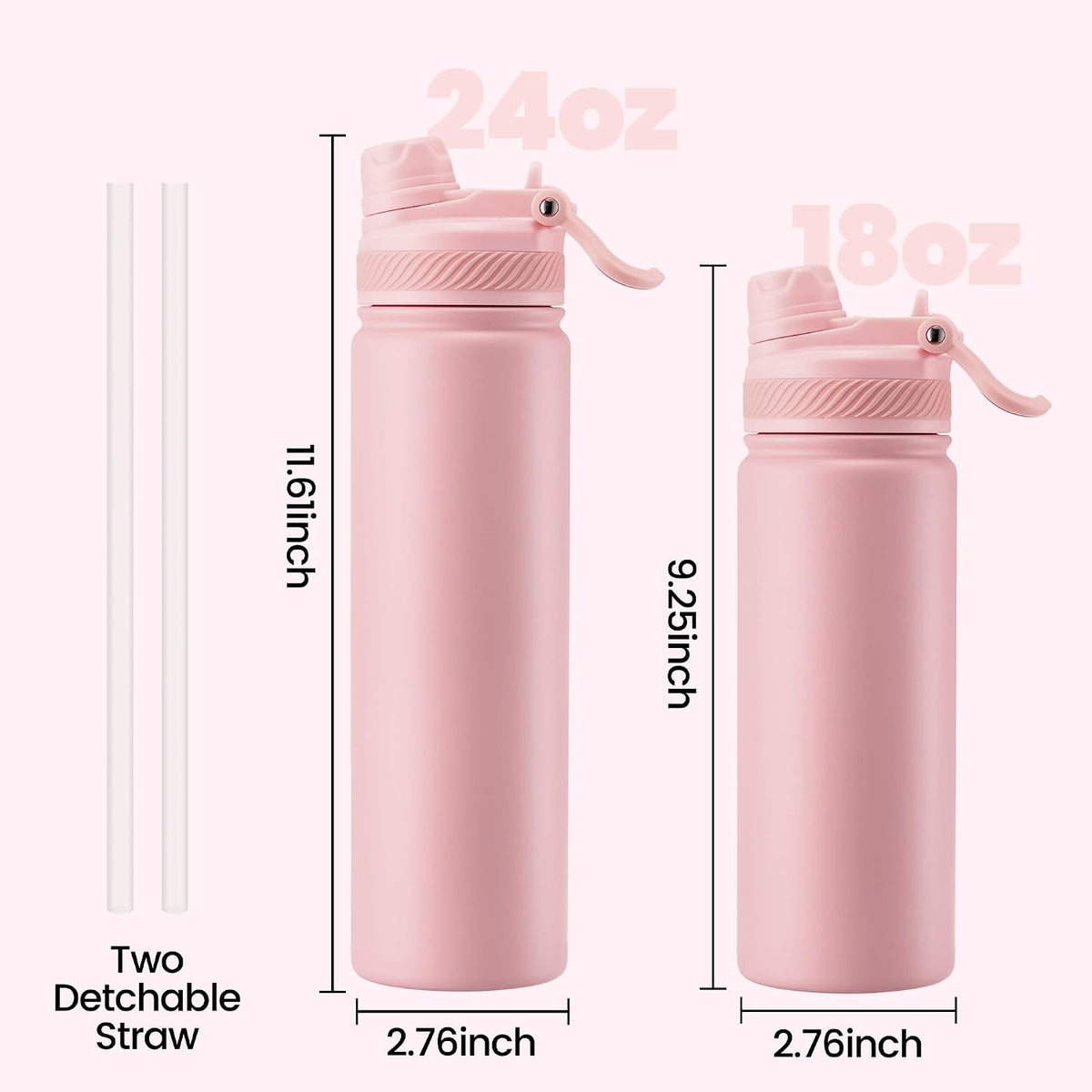 18 oz Insulated Water Bottle, 2-in-1 Straw and Spout Lid Stainless Steel Thermos, Leak-Proof, Double Wall Vacuum Flask, Keep Cold 24H for Outdoor, Sports, Travel, School (Black)