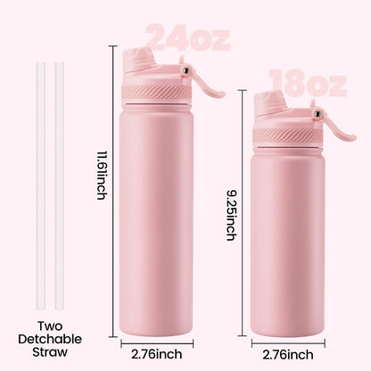 18 oz Insulated Water Bottle, 2-in-1 Straw and Spout Lid Stainless Steel Thermos, Leak-Proof, Double Wall Vacuum Flask, Keep Cold 24H for Outdoor, Sports, Travel, School (Black)