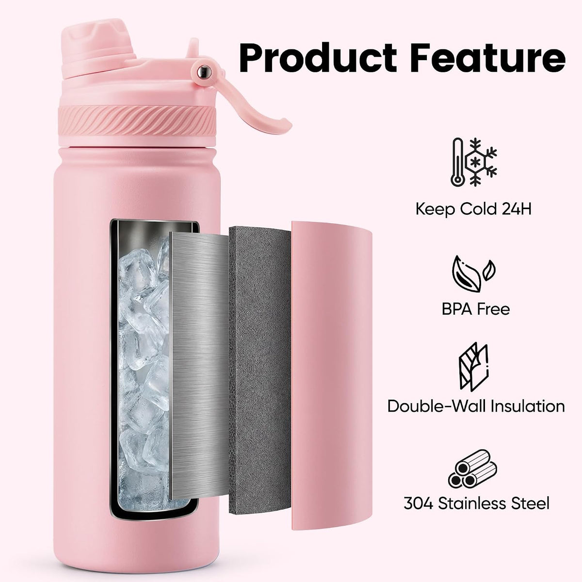 18 oz Insulated Water Bottle, 2-in-1 Straw and Spout Lid Stainless Steel Thermos, Leak-Proof, Double Wall Vacuum Flask, Keep Cold 24H for Outdoor, Sports, Travel, School (Black)