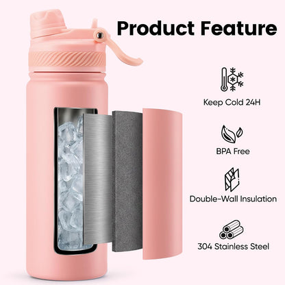 18 oz Insulated Water Bottle, 2-in-1 Straw and Spout Lid Stainless Steel Thermos, Leak-Proof, Double Wall Vacuum Flask, Keep Cold 24H for Outdoor, Sports, Travel, School (Black)