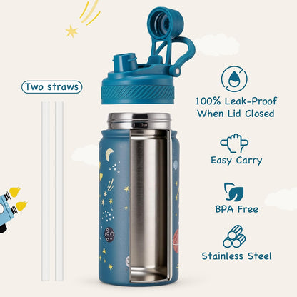 18 oz Insulated Water Bottle, 2-in-1 Straw and Spout Lid Stainless Steel Thermos, Leak-Proof, Double Wall Vacuum Flask, Keep Cold 24H for Outdoor, Sports, Travel, School (Black)