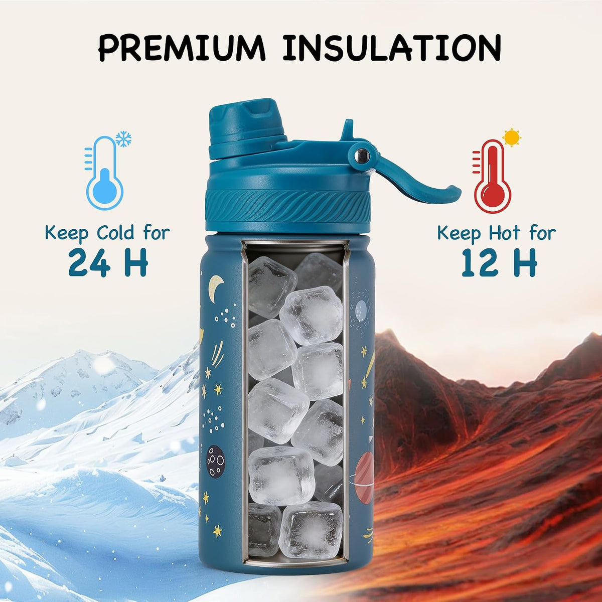 18 oz Insulated Water Bottle, 2-in-1 Straw and Spout Lid Stainless Steel Thermos, Leak-Proof, Double Wall Vacuum Flask, Keep Cold 24H for Outdoor, Sports, Travel, School (Black)