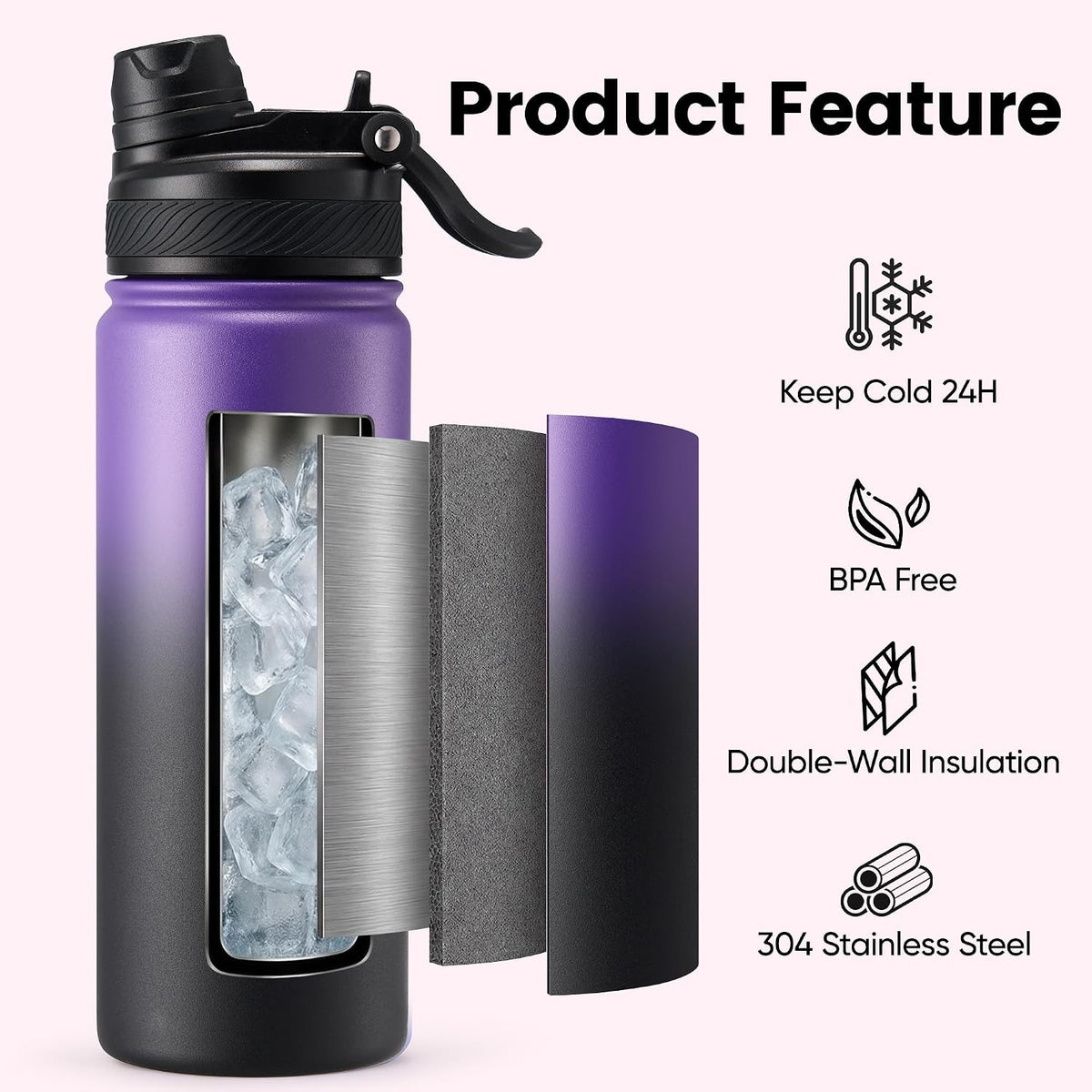 18 oz Insulated Water Bottle, 2-in-1 Straw and Spout Lid Stainless Steel Thermos, Leak-Proof, Double Wall Vacuum Flask, Keep Cold 24H for Outdoor, Sports, Travel, School (Black)