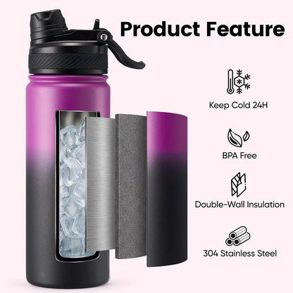 18 oz Insulated Water Bottle, 2-in-1 Straw and Spout Lid Stainless Steel Thermos, Leak-Proof, Double Wall Vacuum Flask, Keep Cold 24H for Outdoor, Sports, Travel, School (Black)