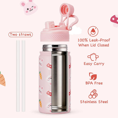 18 oz Insulated Water Bottle, 2-in-1 Straw and Spout Lid Stainless Steel Thermos, Leak-Proof, Double Wall Vacuum Flask, Keep Cold 24H for Outdoor, Sports, Travel, School (Black)